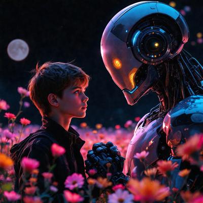 Primary subject: A boy and a robot
Setting/background: A field of flowers
Visual style: Digital art
Colors and mood: Pink and purple flowers, with a warm and inviting atmosphere.